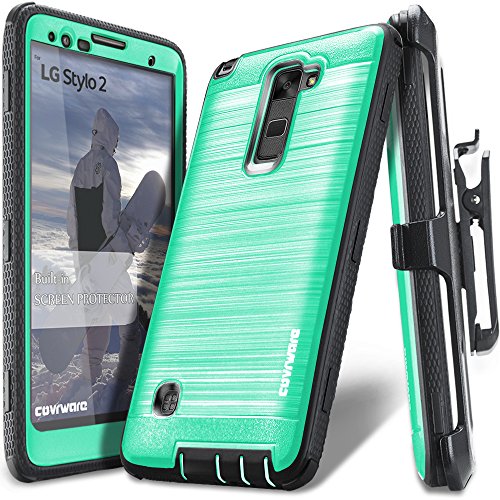 Covrware Iron Tank Case For Lg Stylo 2 / Stylo 2 Plus / Stylo 2 V, Built-In Screen Protector Heavy Duty Full-Body Rugged Holster Armor [Brushed Metal Texture Design] Case Belt Clip Kickstand, Teal #TOP12