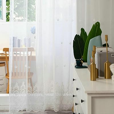 Gualiy Thin Window Curtains, Curtains 2 Panels for Bedroom Flower Embroidered Window Curtains for Bedroom 52 inches Wide White Curtains 84 inches Long