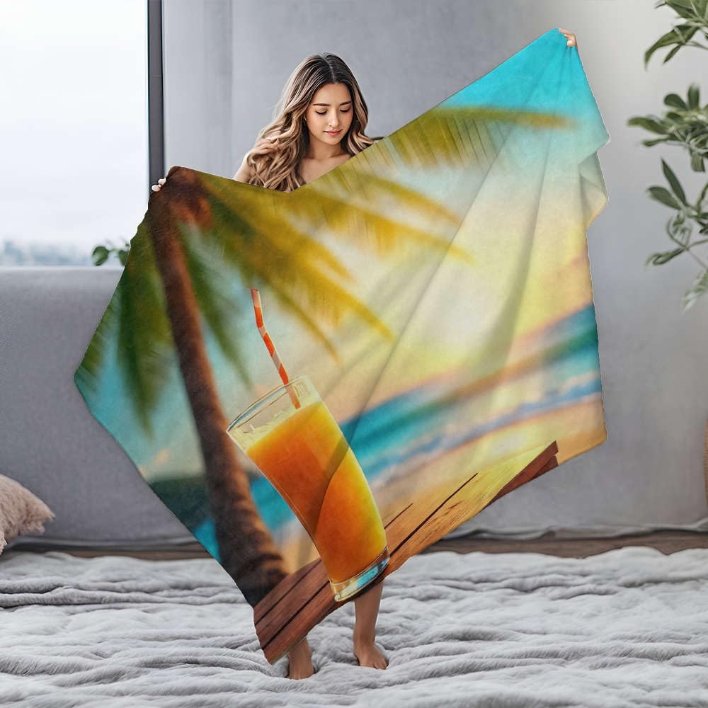 Couverture chauffante flanelle motif coucher de soleil plage