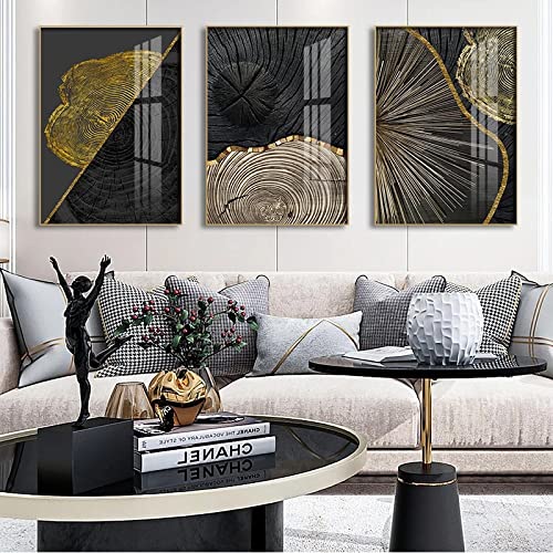 Peinture murale abstraite or noir grain de bois triptyque moderne de salon
