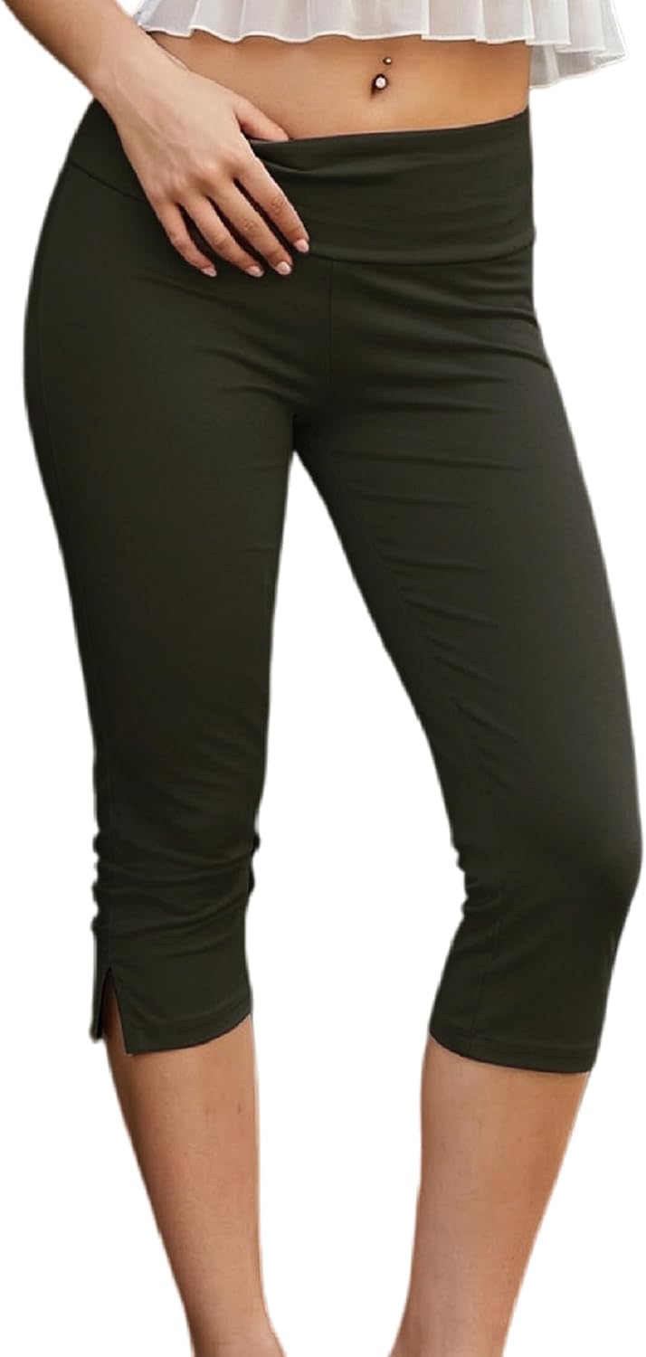 Women Side Slit Capri Pants Stretchy Slim Fit Capris Yoga Leggings Y2k Knee Length Going Out Cropped Pants