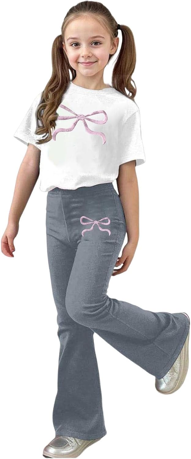 Girls Spring Outfits Short Sleeve Bow Printed T Shirt for Kids Flared Bottom Pant Tween Girl 2 Pieces Clothing Sets