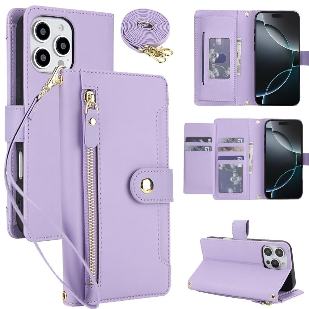 Generic - Funda con tapa para iPhone 8 Plus, 7 Plus, 6Plus, 6S, color morado claro; funda tipo libro de piel con correa larga