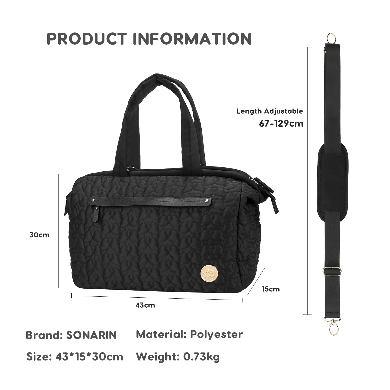 SONARIN Multibolsillos Bolsa de Pañales para Bebés,Gran Capacidad Multifuncional Materna Messenger Bolsos Bandolera Elegante Bolsa de Viaje para Pañales con Correa de Hombro(Negro)