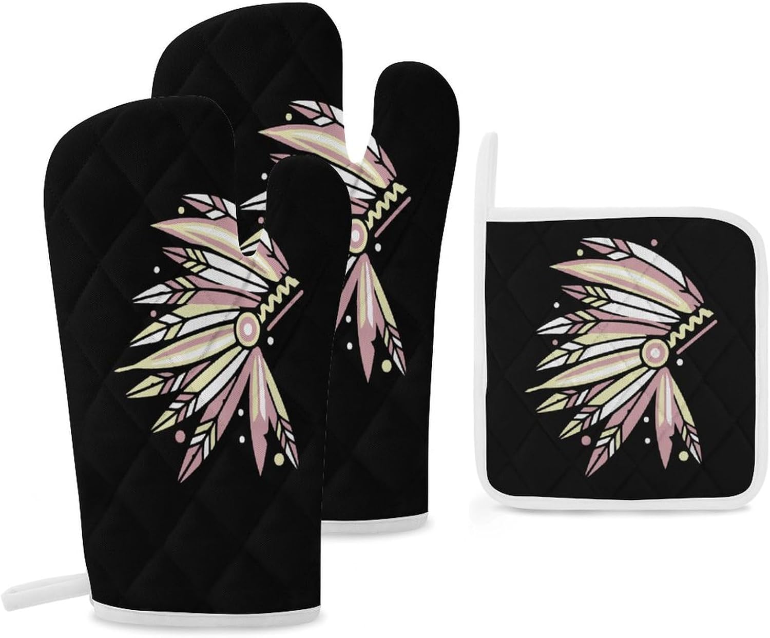 Indian Chieftain's Headdress Print Oven Mitts and Pot Holders 3 Piece Sets Heat Resistant Gloves Hot Pads Potholders for Kitchen Baking Cooking