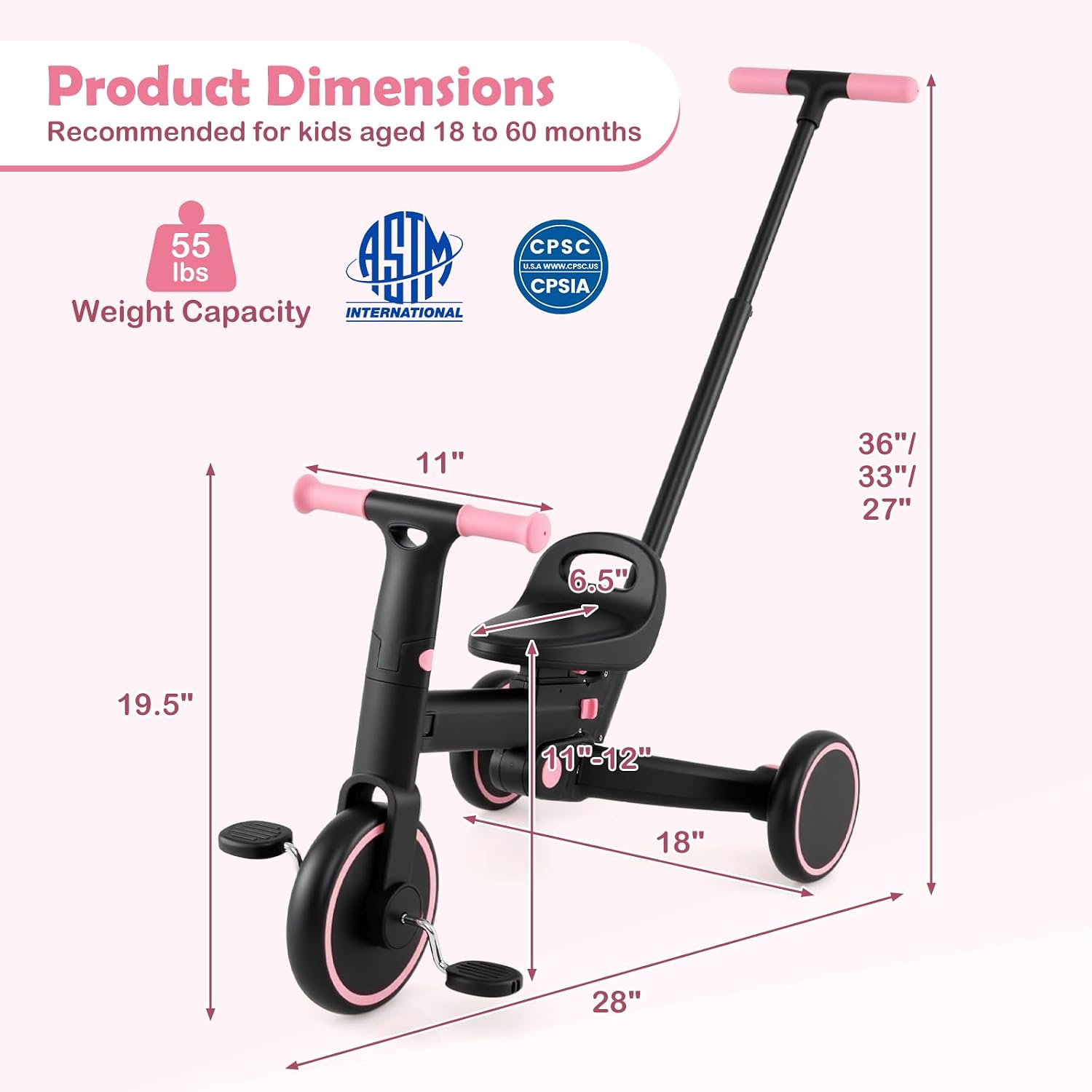 HONEY JOY Tricycle, 5-in-1 Folding Kids Trike w/Adjustable Push Handle & Seat, Baby Balance Bike w/Removable Pedals, Toddler Tricycle for Preschool Boys Girls Aged 18-60 Months (Pink)