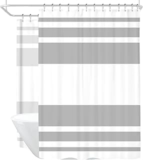Riyidecor Clawfoot Tub Shower Curtain 180Wx70H Inch Wrap Around All Around Surround Round Extra Wide Grey White Stripe Fabric Bathtub Set Freestanding Polyester Oval Waterproof 32 Pack Metal Hooks