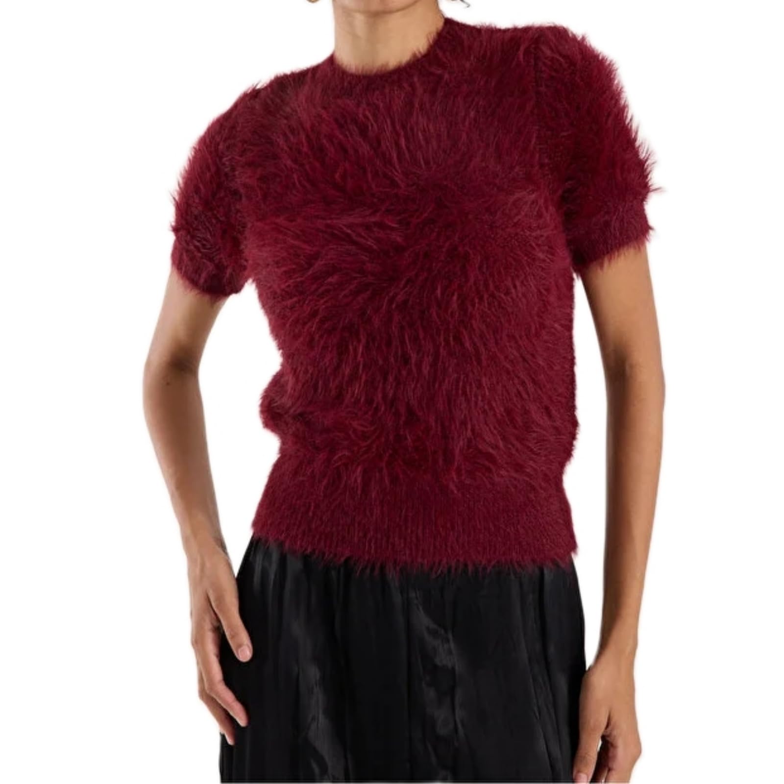 Furry Cropped Sweaters for Women Y2k Short Sleeve Mock Neck Soft Fuzzy Pullover Knit Sweaters Cute Jumper Top