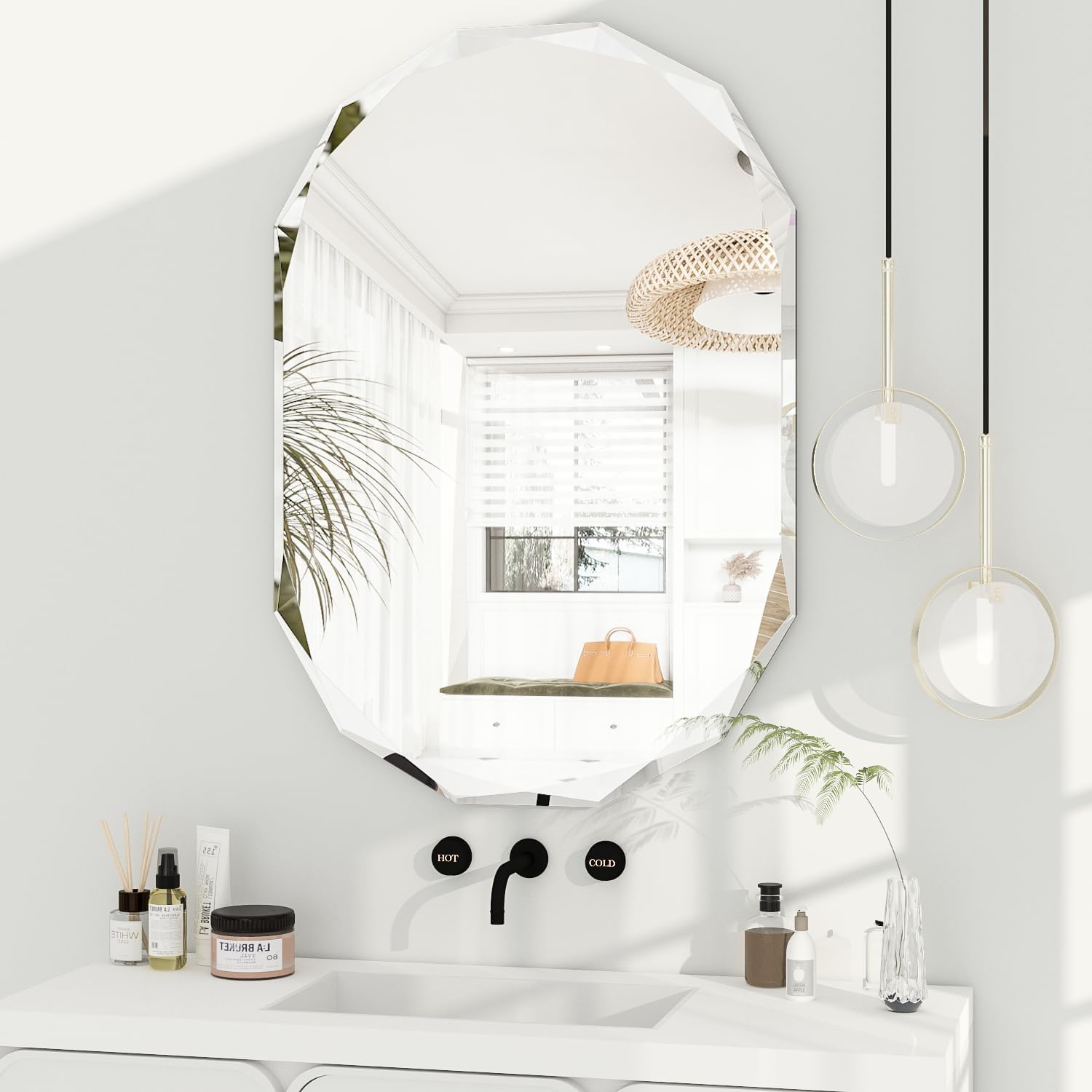 Bathroom Mirror for Wall, 20" x 28" Vanity Mirror Beveled Edge Frameless Oval Wall Mounted Mirror Bathroom Vanity Mirror, Irregular Beveled Edge for Decor