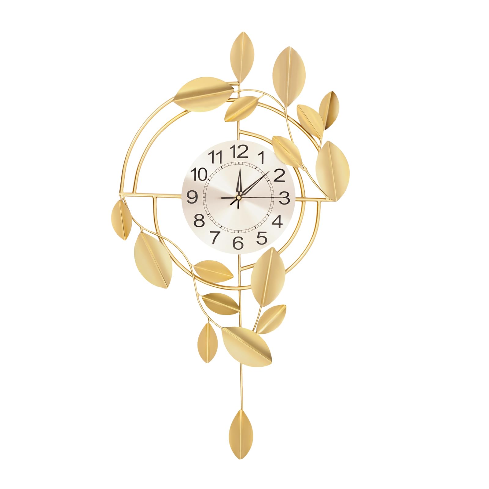 GDAE10 Elegant Gold Metal Wall Clock,Silent Non-Ticking Indoor Decor, Leaf Pattern Design Wall Decorative Clock for Home, Office,Living Room, Bedroom