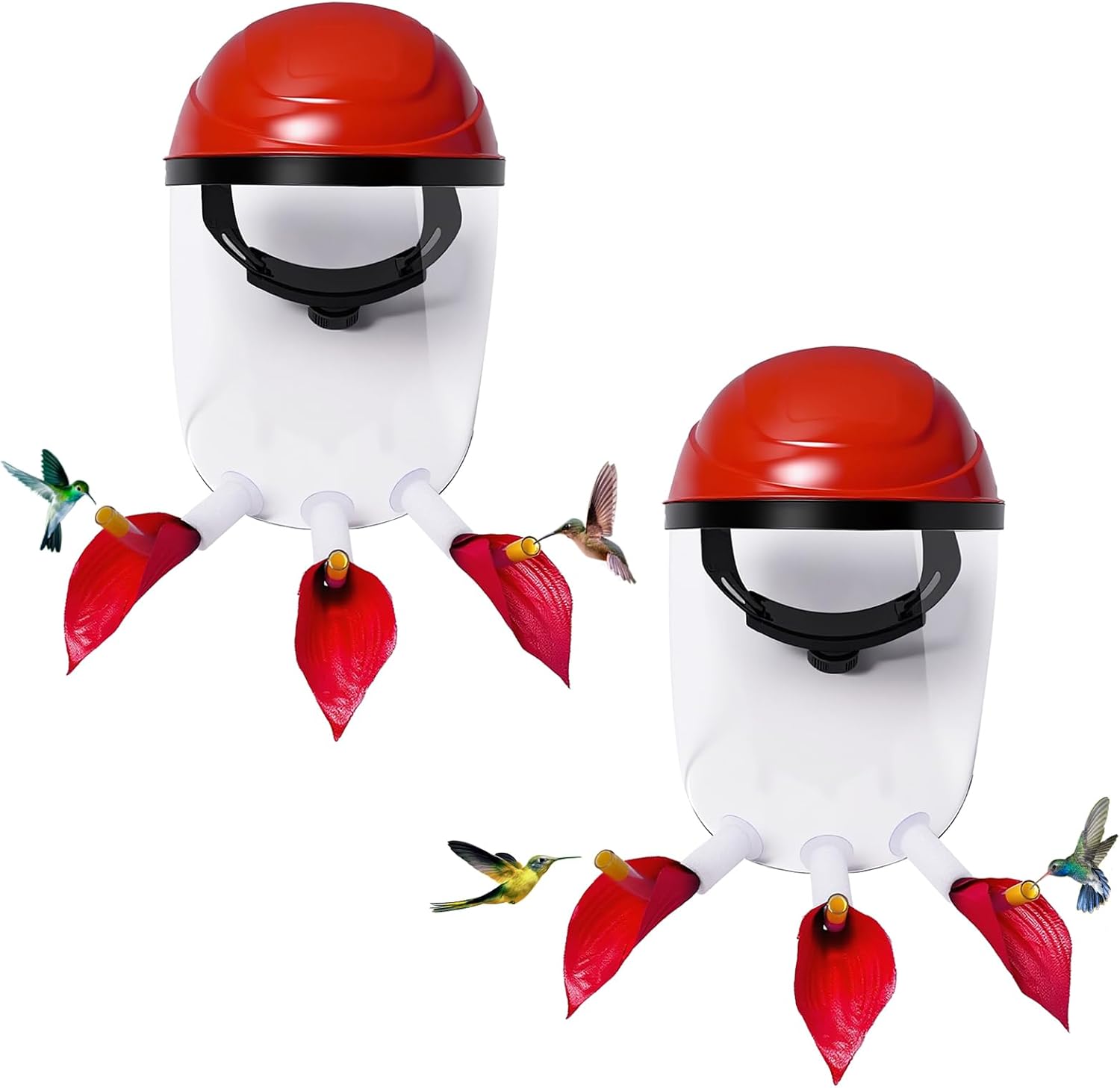 2025 Upgraded 2 Pack Hummingbird Feeder Helmet | Wearable Hummingbird Mask Feeder with Anti-Fog Lens & Bionic Flower | Adjustable for Adults & Teens Lightweight PVC Red