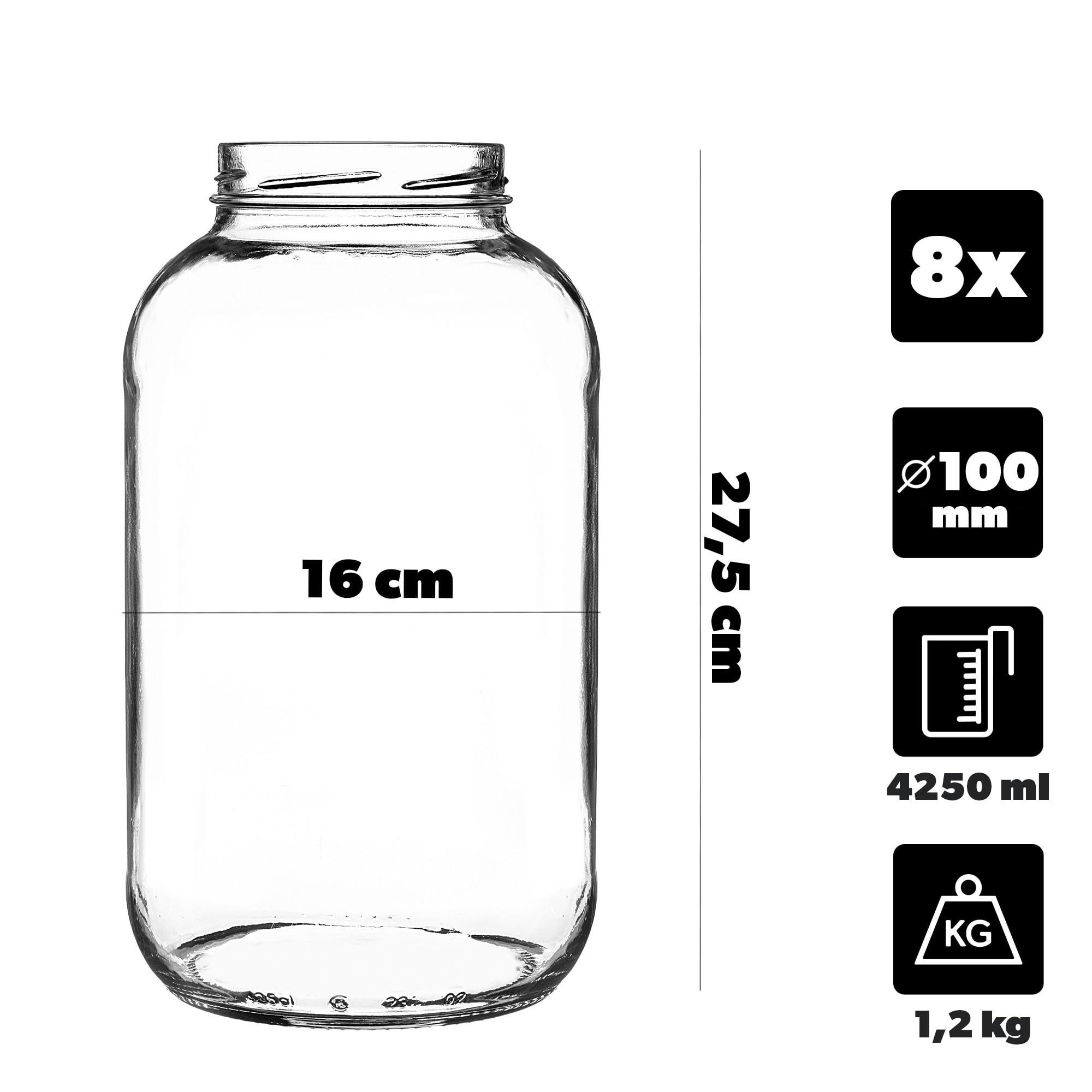 KADAX Set di 8 Barattoli in Vetro 4L con Coperchio a Vite fi100mm, Vasi Ermetici Bocca Larga per Conserve, Sottaceti, Fermentazione, Kombucha, Kimchi, Cetrioli, Frutta (Dorato)