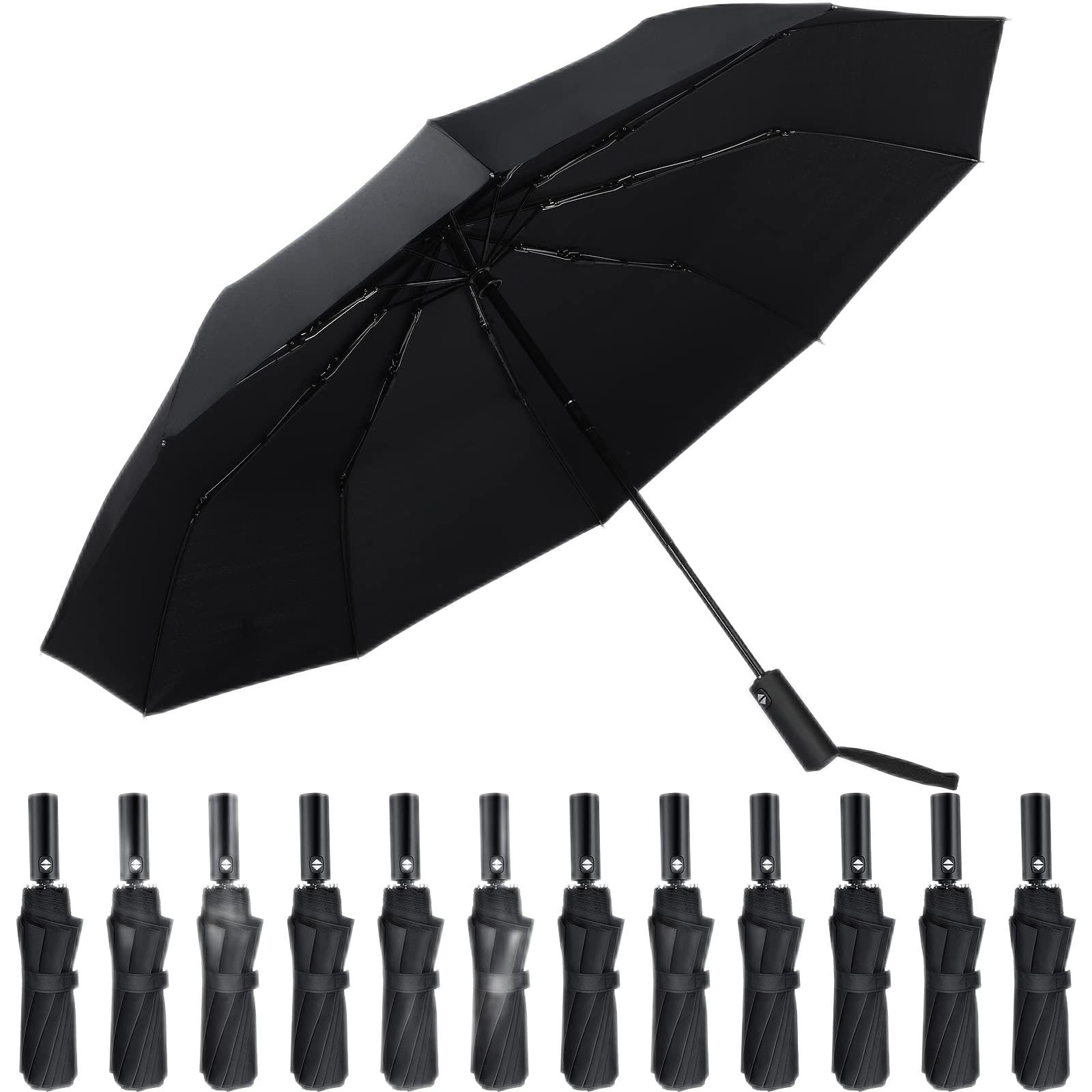 Jexine 12pcs Travel Compact Umbrellas Bulk, 10 Ribs Automatic Open Close Windproof Black Umbrella for Rain Backpack Car Women Men
