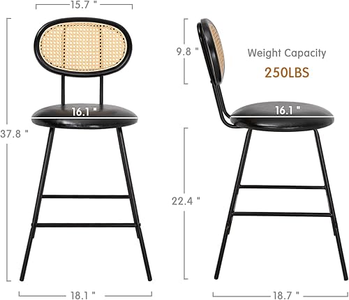 Miniatura 3 de Scurrty Taburete de bar de ratán, taburetes de bar de altura de mostrador, taburetes de bar de cuero para interiores con patas de metal y respaldo