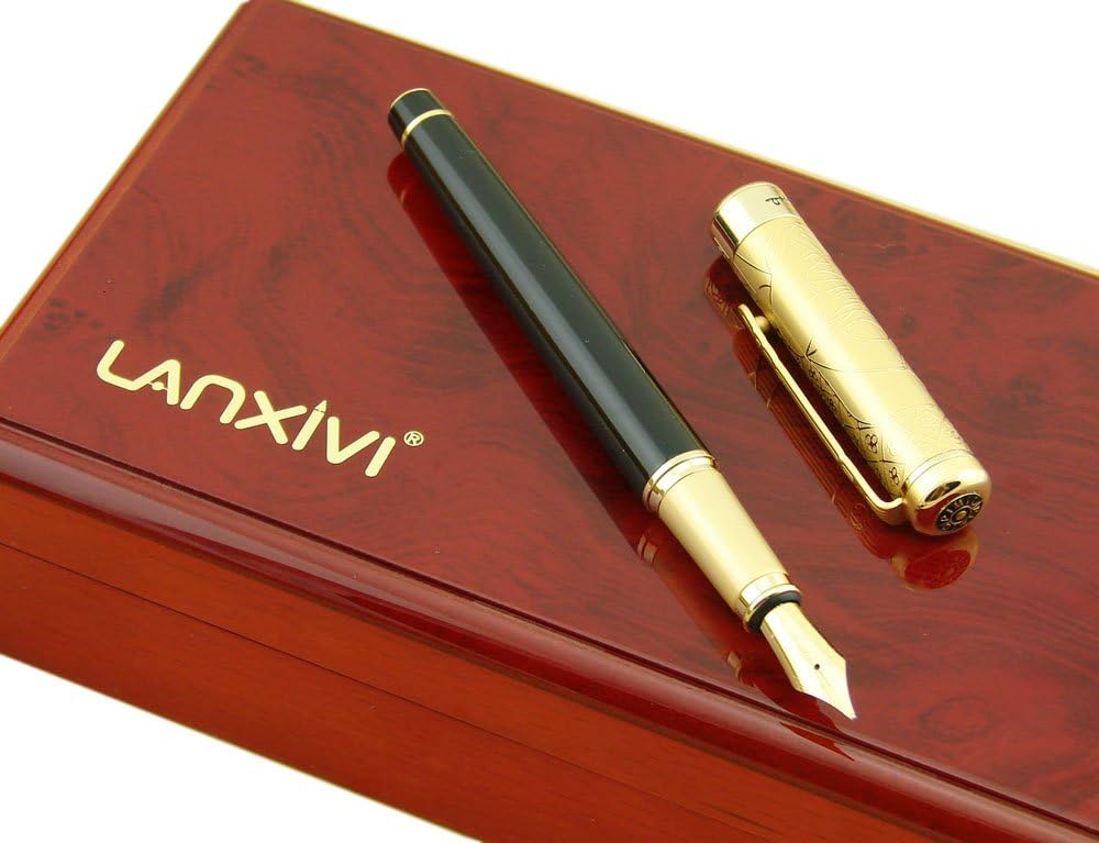 Lanxivi Picasso 24k Gold Plated Cap Luxury Style 22kgp Fountain Pen Wooen Box Pen Pouch