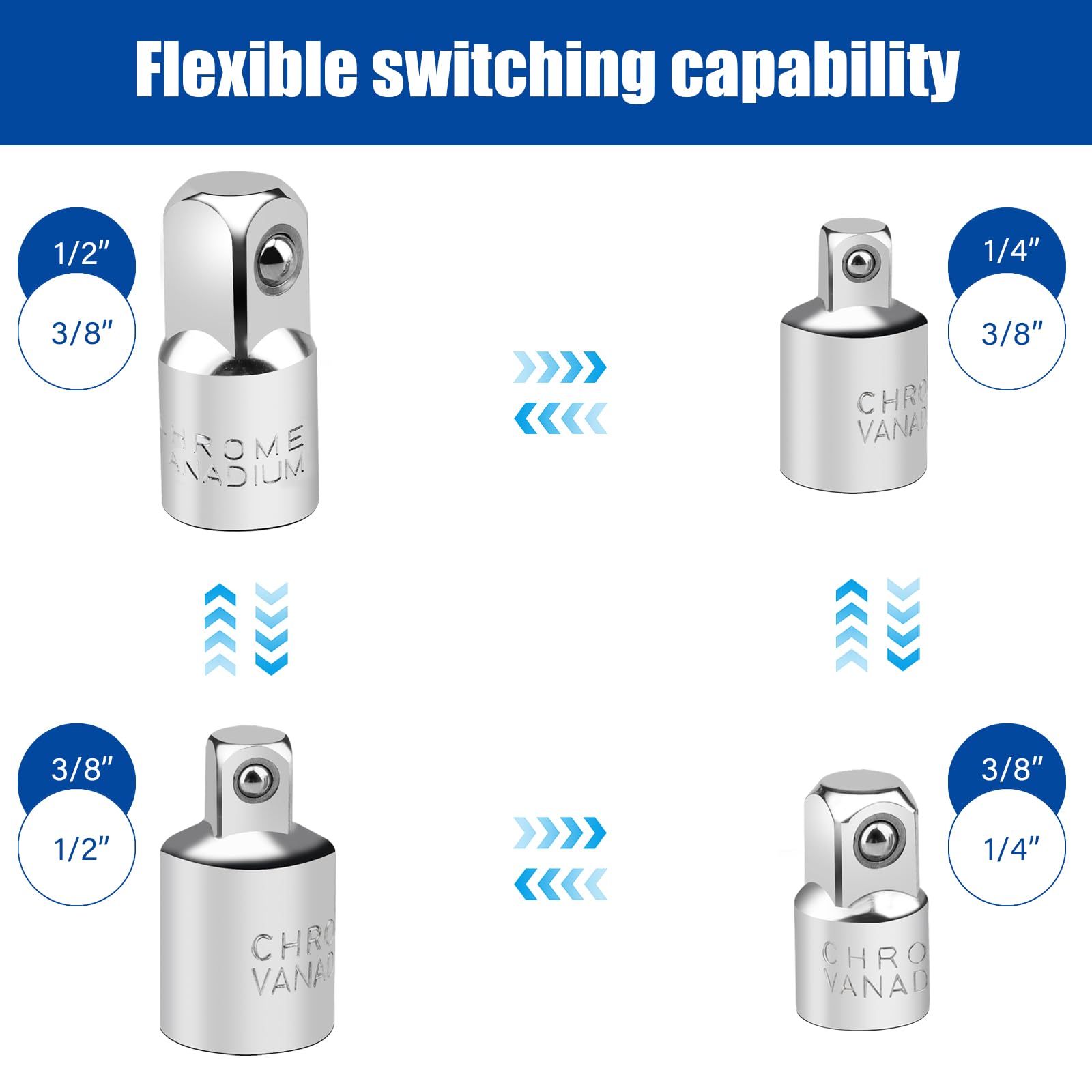 Set 4 Adattatori Chiavi A Bussola - Conversioni 1/4-3/8, 3/8-1/2 In Acciaio Cromo-Vanadio - Foto 3