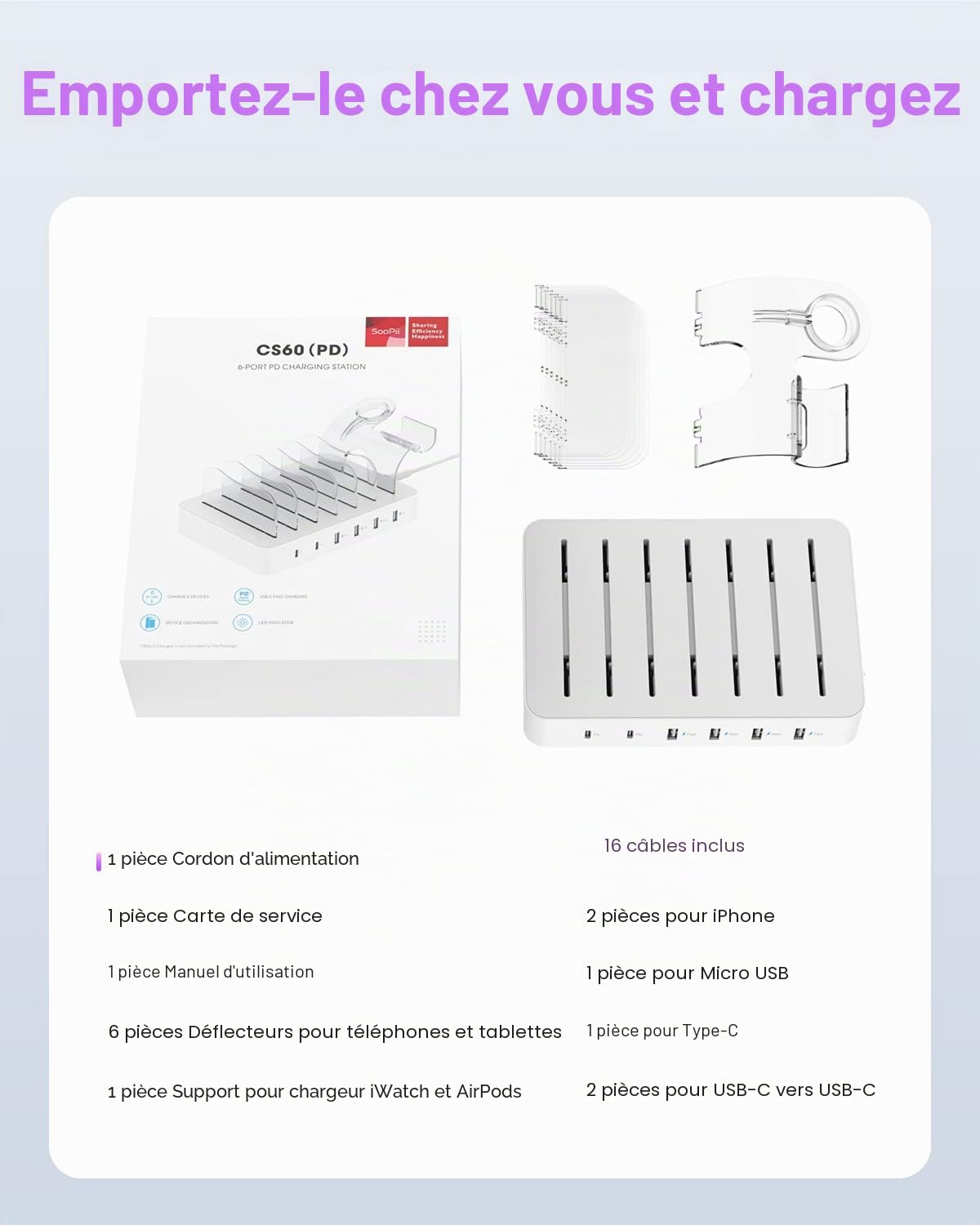 Station de Charge SooPii à 6 Ports USB-C pour Plusieurs appareils, Blanche