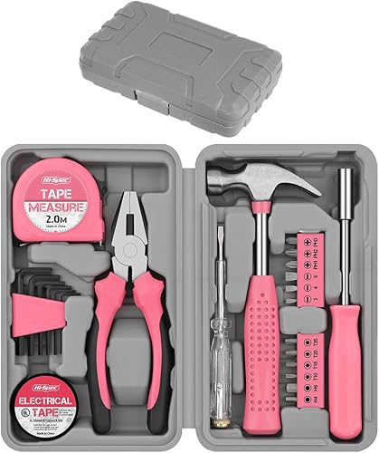 Kit de herramientas de bricolaje para el hogar de 24 piezas, color rosa, para mujeres, juego de mini caja de herramientas compacta con herramientas