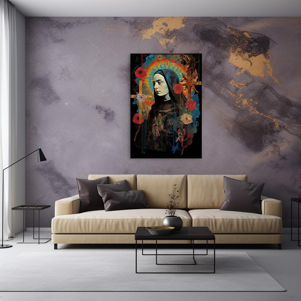 Canvas for Living room. Serene Reflections in Shadow � The Spiritual Essence of a Nun Amidst Symbolic Imagery, 27 x 18 inch Canvas Wall Art - Buddhist Serenity - Modern Home Decor