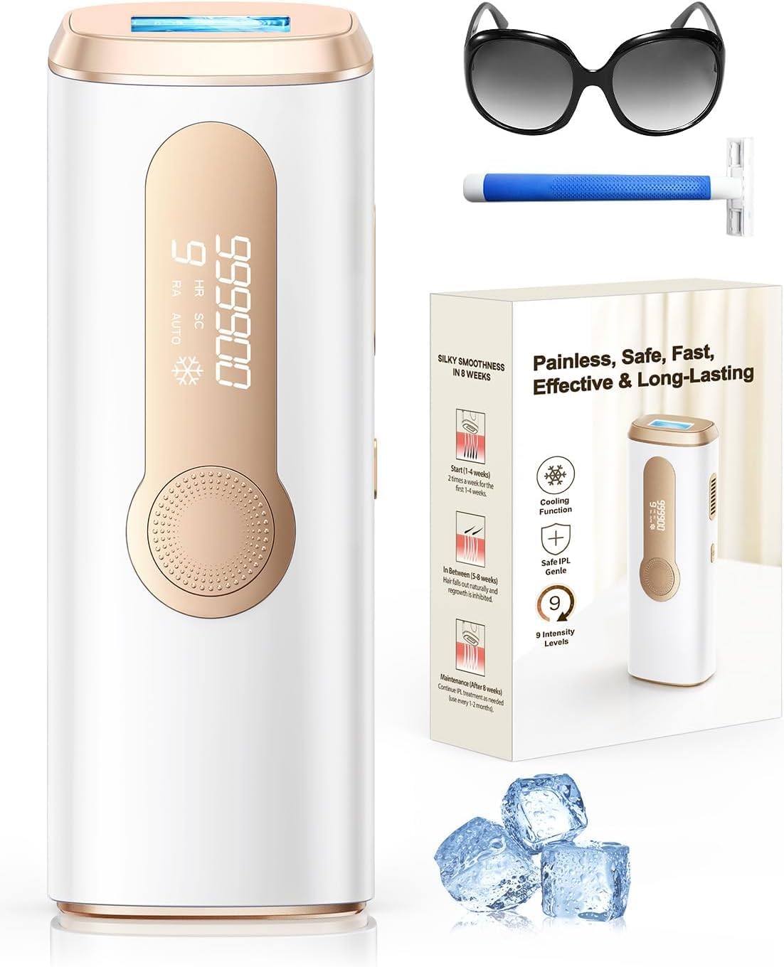 Depiladora Laser IPL con Refrigeración, Innovadora Función 3 en 1, 9 Niveles de Energía, 999,900 Flashes, Depiladora Luz Pulsada Indolora para Todo el Cuerpo