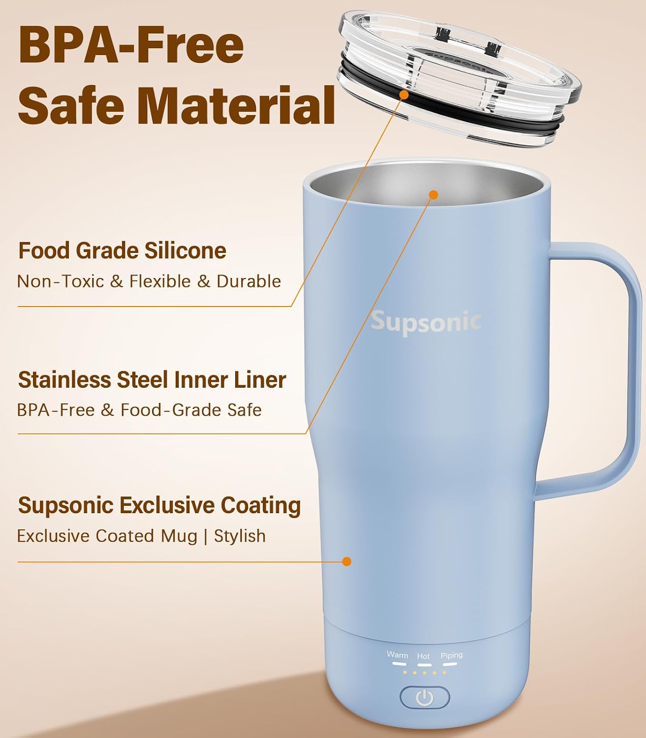 Supsonic - Smart Heated Coffee Mug, 20oz Rechargeable Self Heating Mug, Electric Temperature Control Coffee Cup for Beverage, Coffee at Home & Outdoor, Heated Coffee Mug Gifts for Men Women | S3
