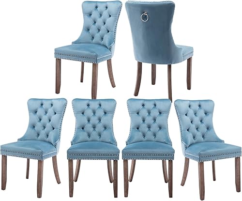 Miniatura 11 de Juego de 6 sillas de comedor marrones, sillas de comedor tapizadas con tela de lino acolchada con capitoné, con respaldo alto, ribete de tachuelas y