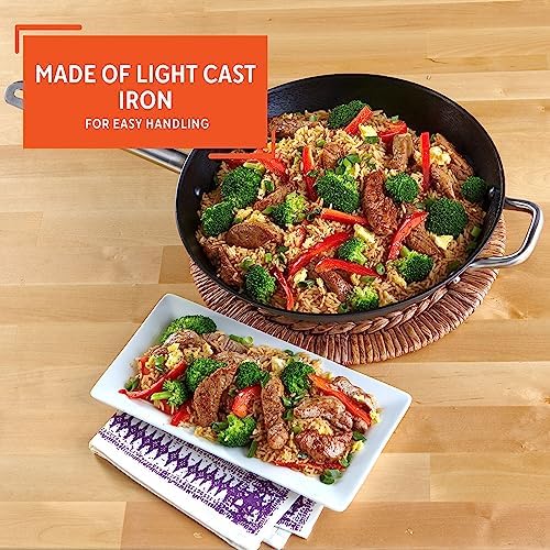 Imusa LCI-19008 USA 14" Light Cast Iron Wok Pre-seasoned Non-Stick with Stainless Steel Handles Cookware, Black - Thumbnail 4