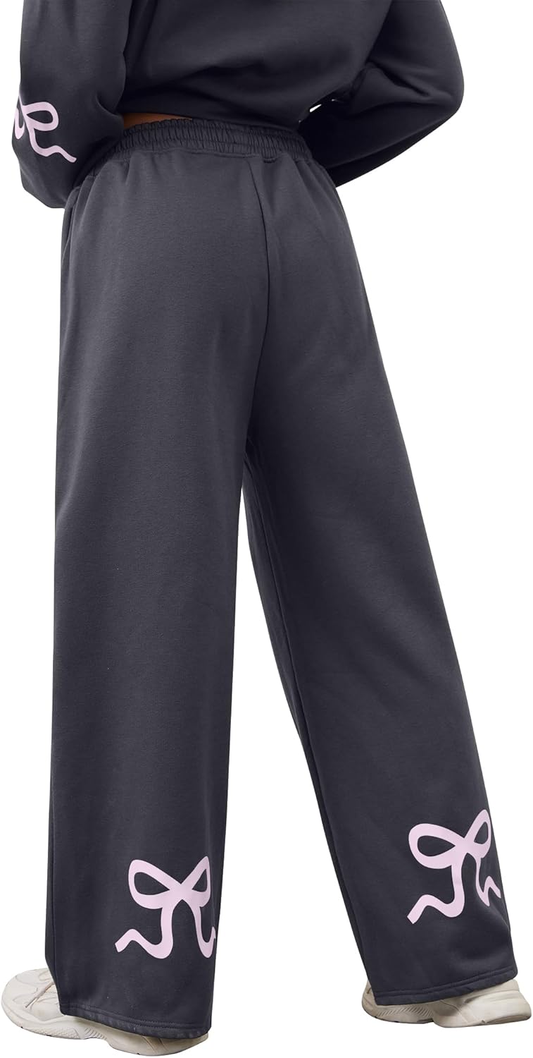 Womens 2 Piece Sweatsuits Bow Print Hoodies Sets Oversized Graphic Hoodie Wide Leg Sweatpants Fall Outfits - Image 4