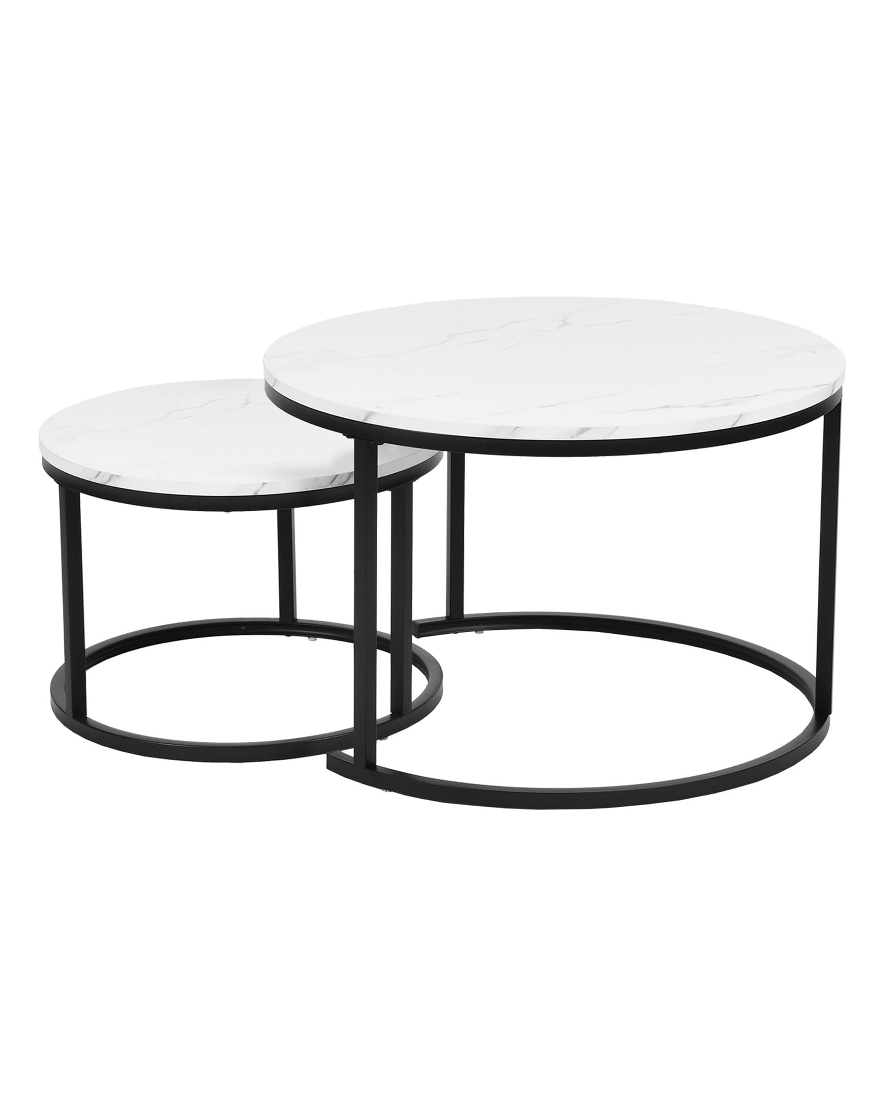 Tavolo Salvaspazio Soggiorno, Tavolino da Salotto Moderno Bianco, Tavolino Salotto Rotondo Bianco con effetto marmo 2 pezzi, Coffee Table