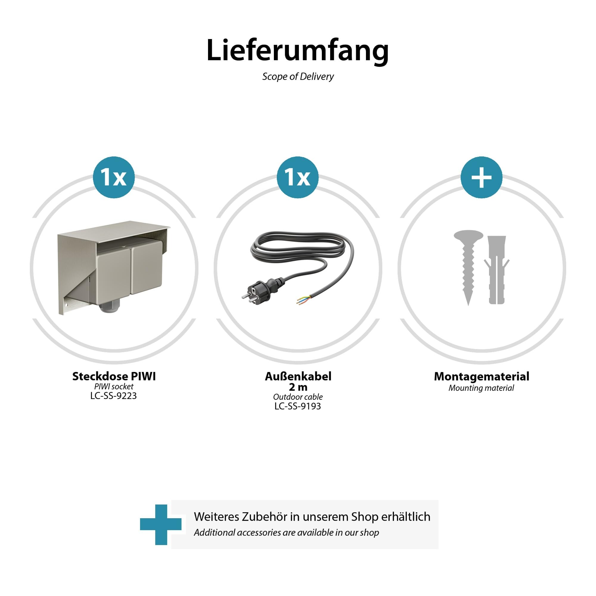 ledscom.de 3x Aufputz Steckdose PIWI für außen und 2m Kabel, IP44, 2-fach, edelstahl, waagerecht