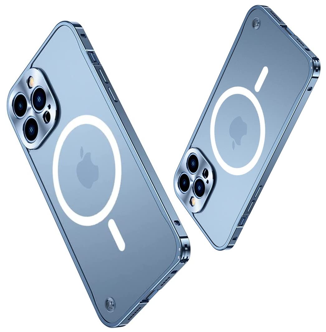 Disonbeir Metal Frame Case Compatible with iPhone 14, Ultra Slim Frosted PC Matte Back with Lanyard Holes Lock Type Military Aluminum Alloy Bumper (Blue)