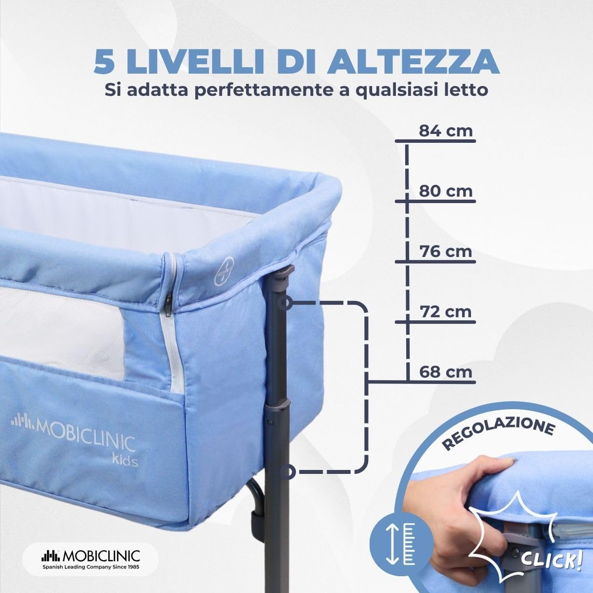 Mobiclinic®, Culla Neonato, Culla Co-Sleeping, 2 in 1, Sistema di Fissaggio del Letto, Regolabile 5 altezze, Borsa trasporto, Ruote, Rete traspirante, Base imbottita, Moon