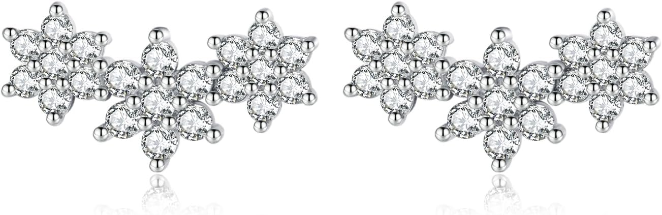 Reffeer Solid 925 Sterling Silver CZ Flower Stud Earrings for Women Teens Cluster Flower Stud Earrings Spring