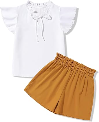 Girls Clothes V Neck Ruffle Short Sleeve T Shirts and Casual Shorts Set Girls Summer Outfits 7-14 Years