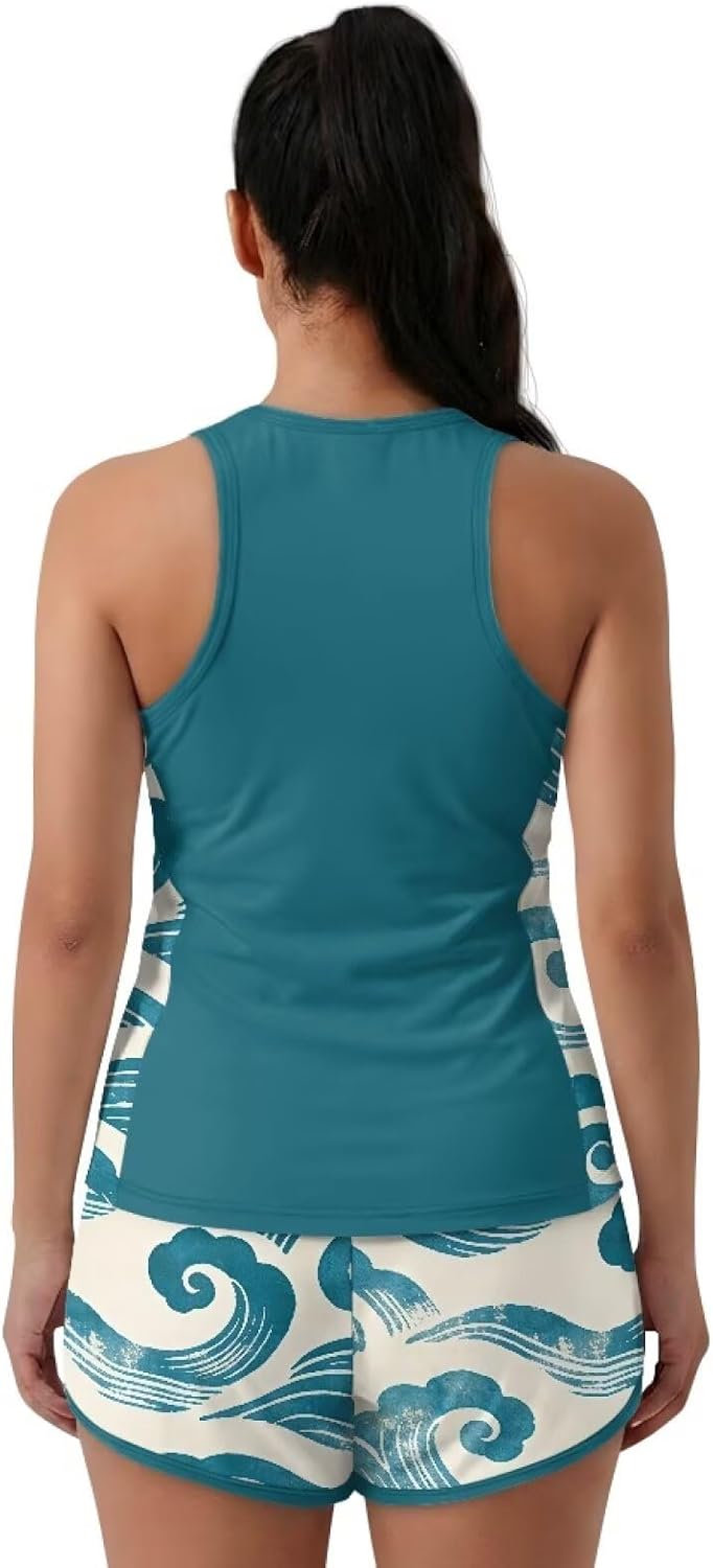 Women's 2 Pcs Crew Neck Plus Size Tankini Swimsuits with Pockets Racerback Top with Sporty Swim Shorts Size S-6XL