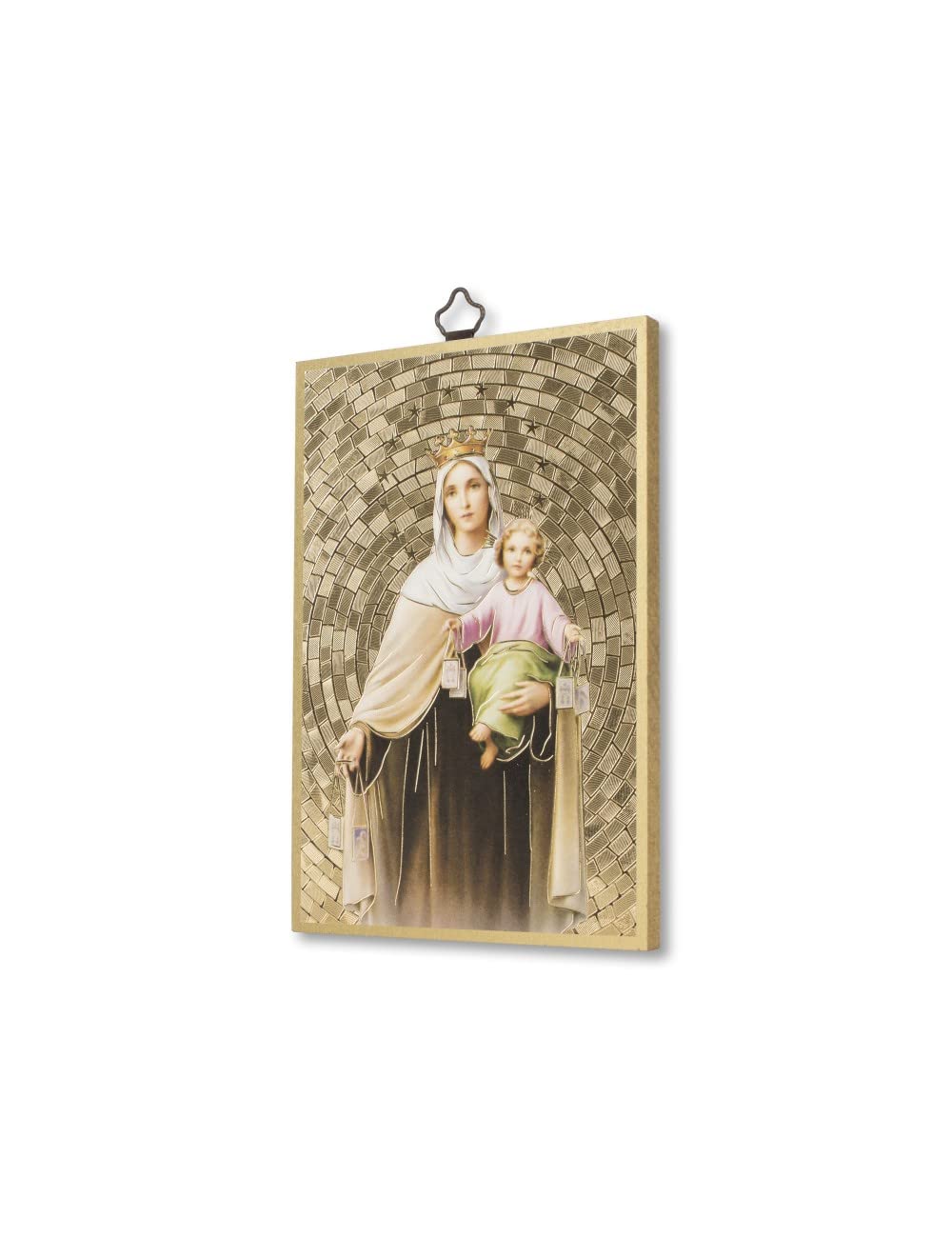 Tableau Vierge De Lourdes Sur Bois - MDF 8mm Avec Mosaïque Dorée - Made In Italy - 10x15 Cm