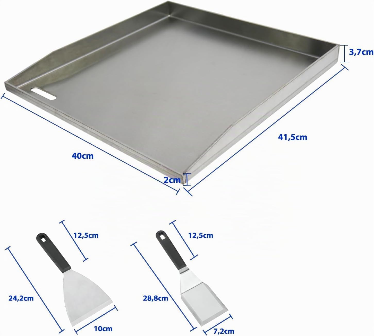 41.5X40X3.5CM, Edelstahl-Grillplatte, für Gas- und Holzkohleöfen, mit Schaufeln und Schabern, Camping-Grillbegleiter