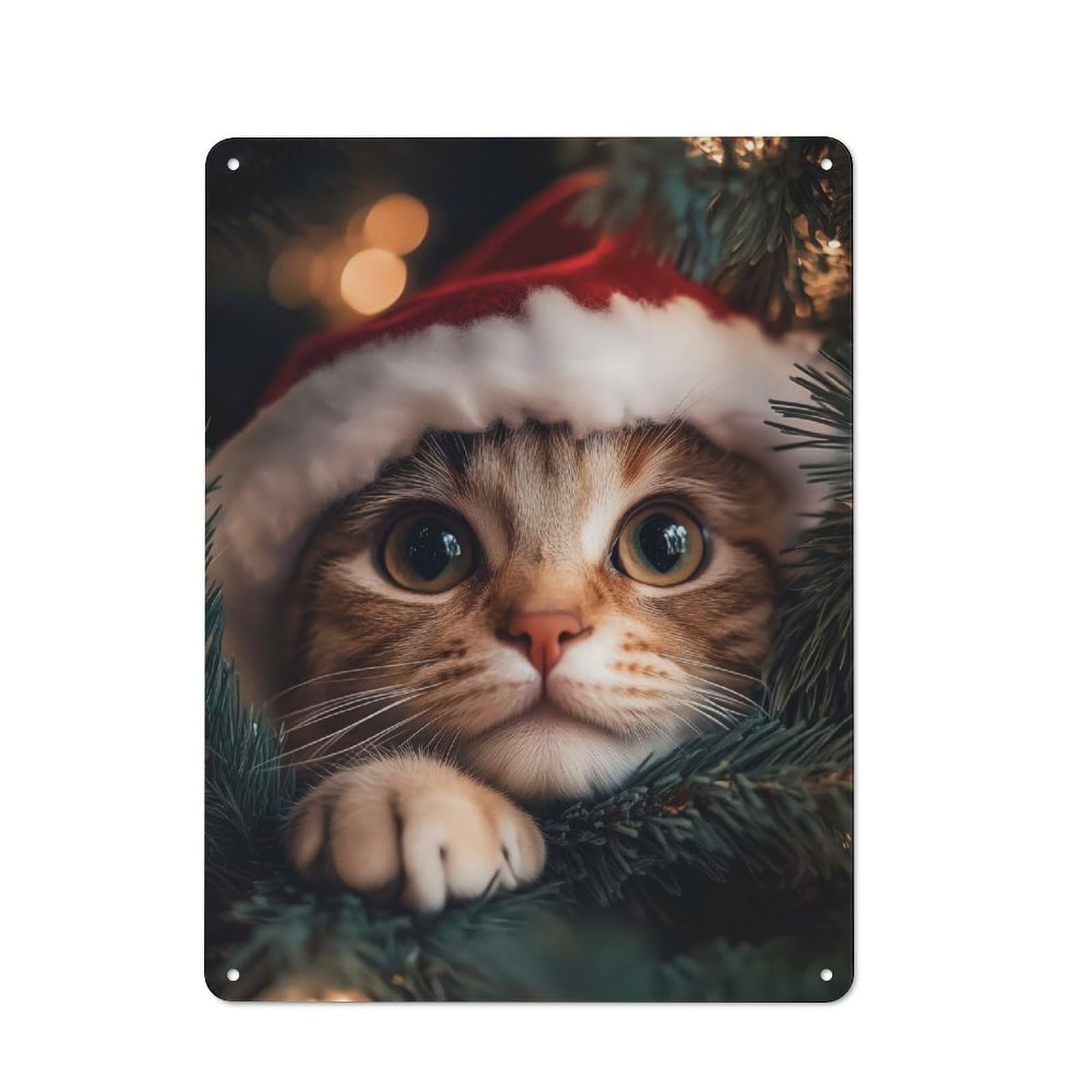 Junmoney Cat In Santa Hat Industrial-Style Metal Sign 40X30cm For Home Bar Wall, Housewarming Wall Decor For People Furnishing Home Bar