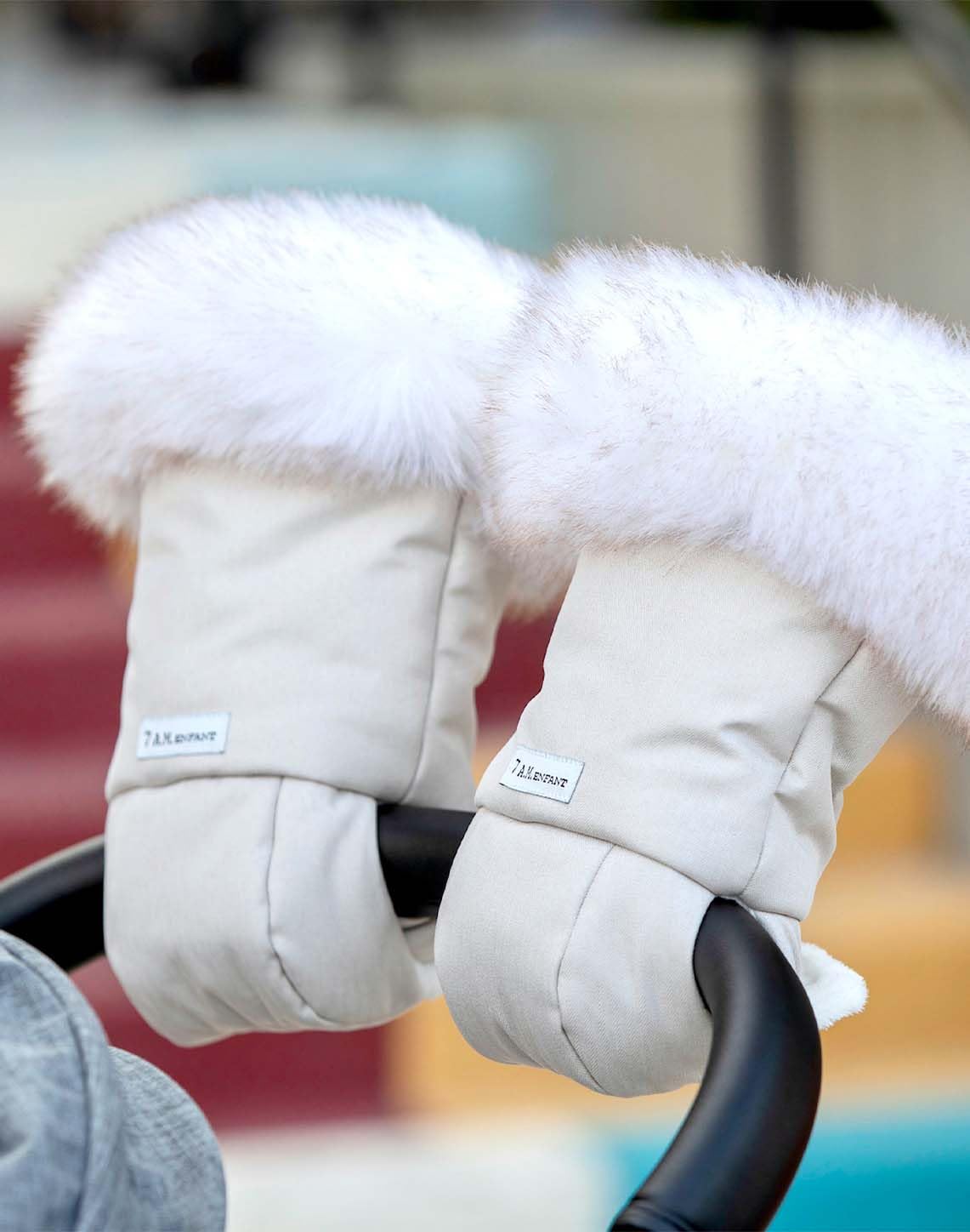 7AM Enfant - Guantes térmicos para cochecito, manoplas anticongelantes para manillar, calentadores de manos repelentes al agua para clima frío, forro de felpa (piel blanca y beige jaspeado)