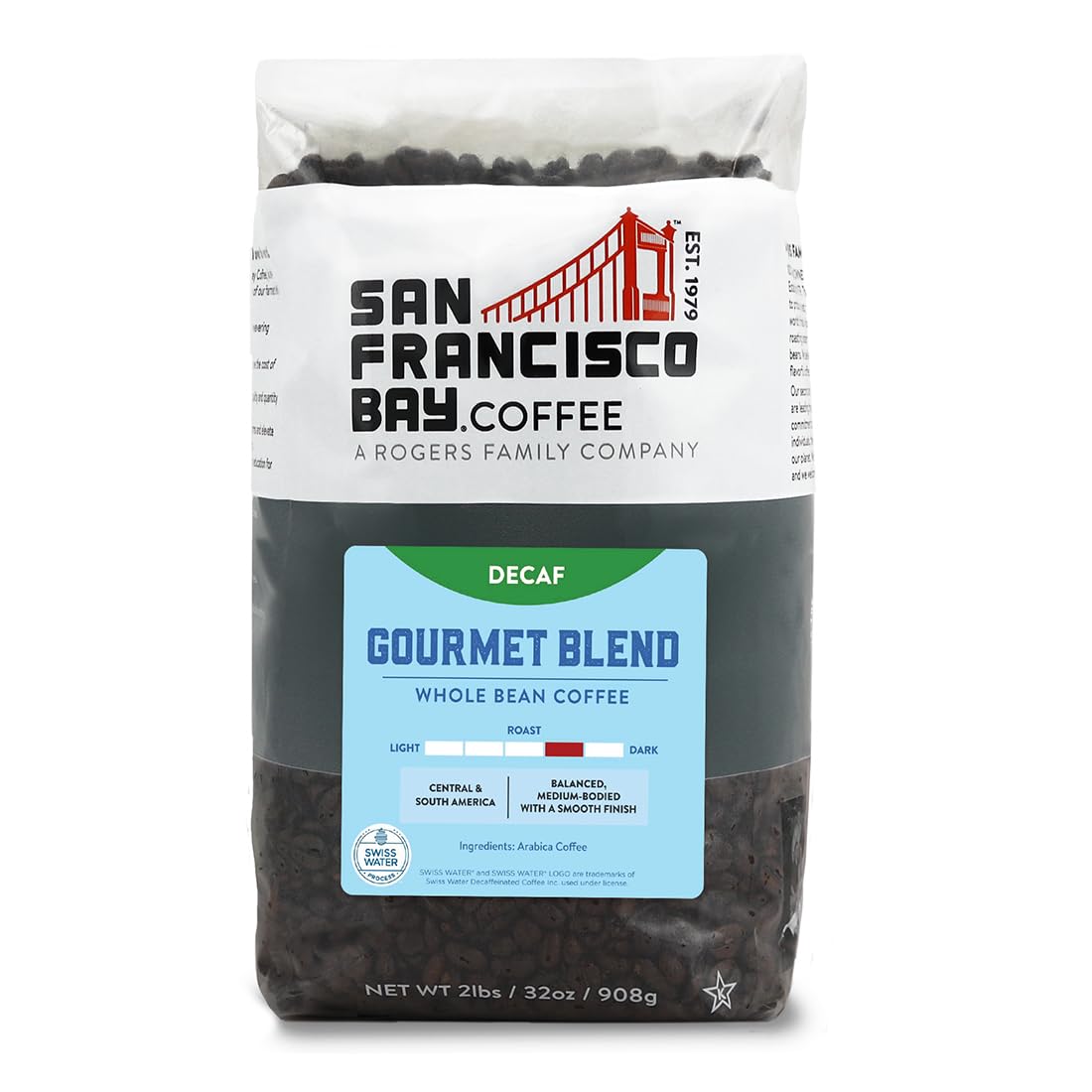 Product image of San Francisco Bay Coffee - Decaf Medium-Dark Roast Whole Bean Coffee - Decaf Gourmet Blend (2 lb bag) - Swiss Water Processed