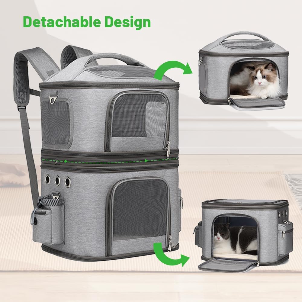 Yeeoy Double Compartment Pet Carrier Backpack for Small Cats and Dogs, Detachable Cat Carrier Ventilated Travel Back Pack Bag for Traveling Hiking Picnic Camping