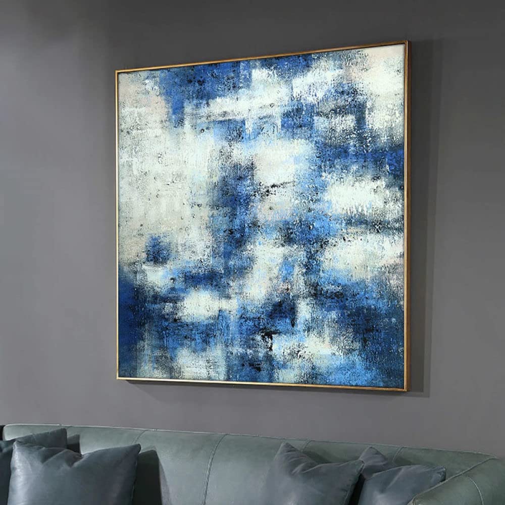 Toile abstraite bleu salon tableau peint main couteau moderne sans cadre