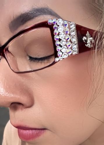 Miniatura 4 de The French, (Bling) Fleur De Lis Women Reading Glasses Adorned with (Clear + Aurora Borealis) Austrian Crystals, Magnifying (Red) Rectangular. NY