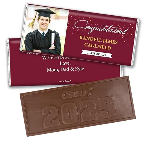 36 barras de chocolate grabadas para fiestas de graduación personalizadas con foto, felicitaciones (36 unidades) - Granate
