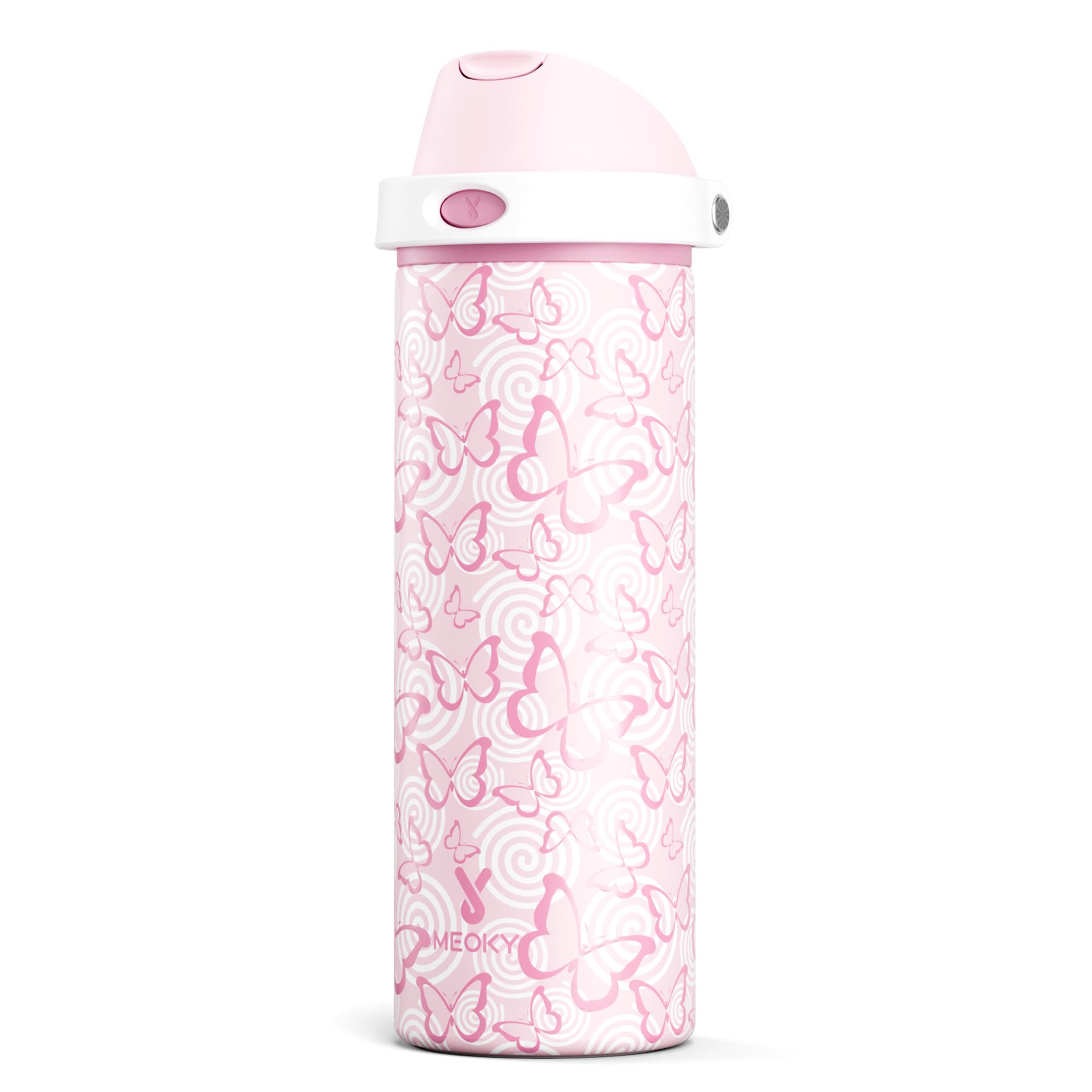 24 oz Insulated Water Bottle with Straw: Meoky Stainless Steel Metal Water Bottle with 2-in-1 Lid - Leak Proof, Cold for 24 Hours, Protective Silicone Base, BPA-Free for Sports Travel Car, Butterfly