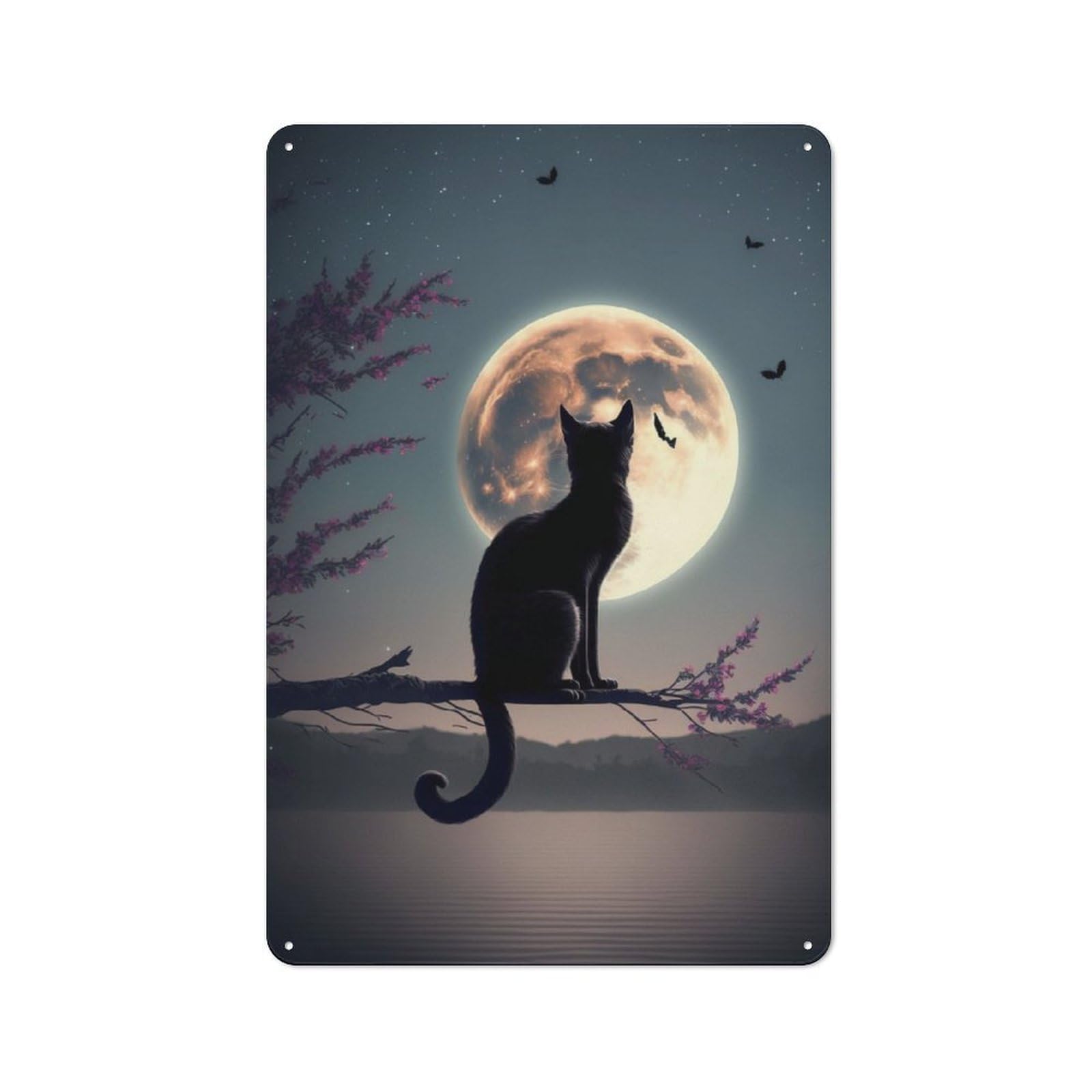Junmoney Cat Moon Night 30X20cm Retro Metal Sign With For Café Or Restaurant, For Collectors Decorating Cafés And Restaurants