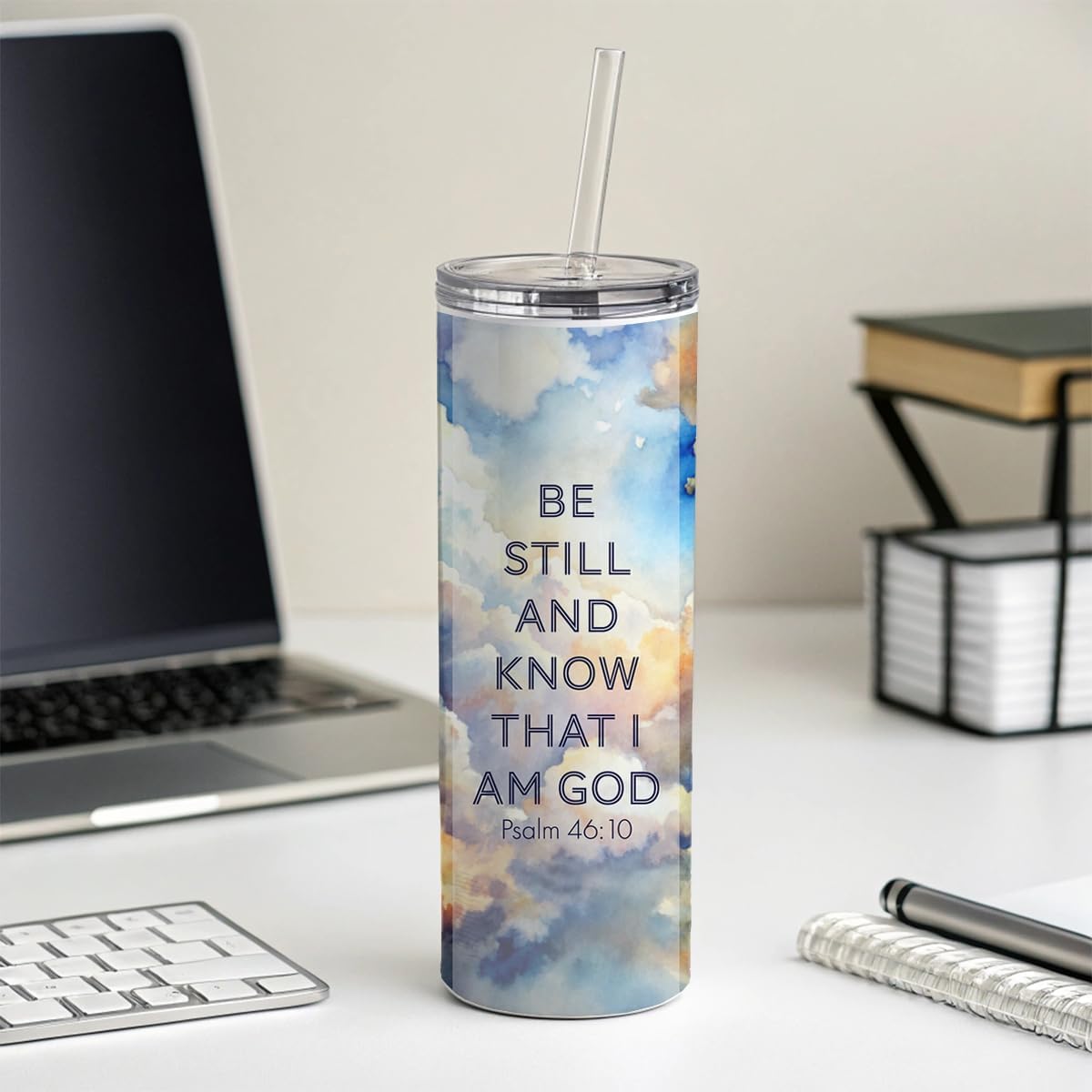 Be Still Know That I Am God Clouds Heavens Psalm Christian Inspirational Skinny Tumbler 20oz with Straw Insulated Water Bottle Gift