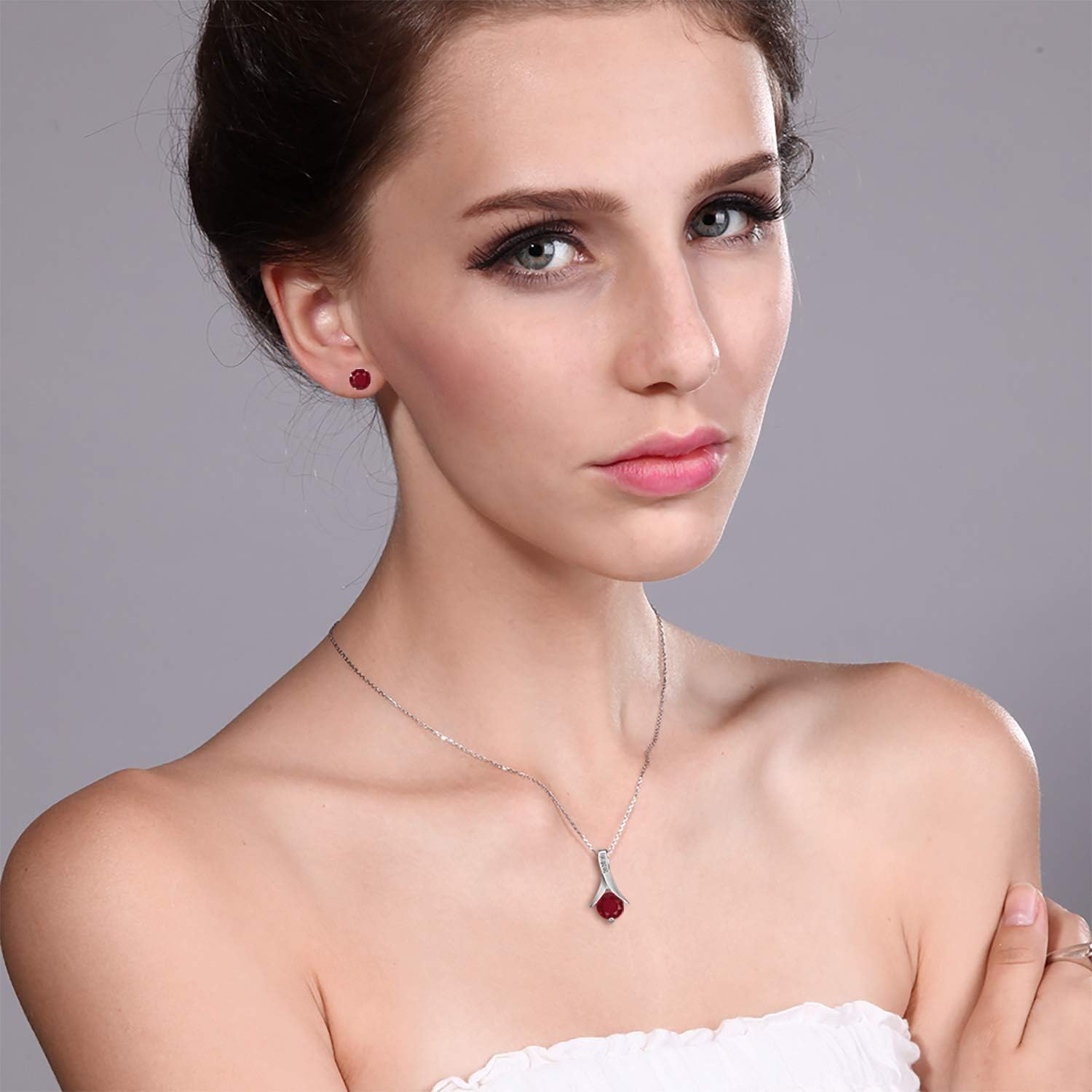 Gem Stone King 3.05 Ct Round Red Ruby White Diamond 925 Sterling Silver Pendant and Earrings Jewelry Set - Image 4