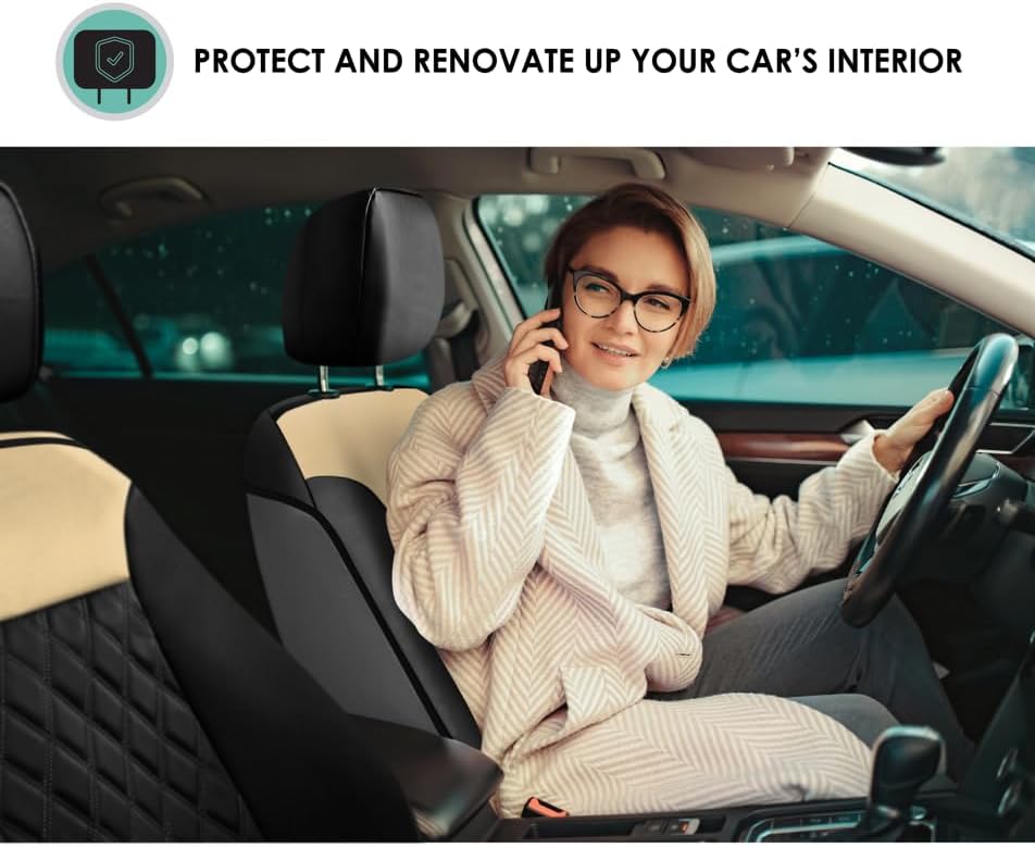 FH Group Deluxe Faux Leather Diamond Pattern Front Set Car Seat Cushions with Gift - Universal Fit for Cars, Trucks, & SUVs PU089102 (Beige) Beige / Black image 4 of 9 B07ZDD1WZZ