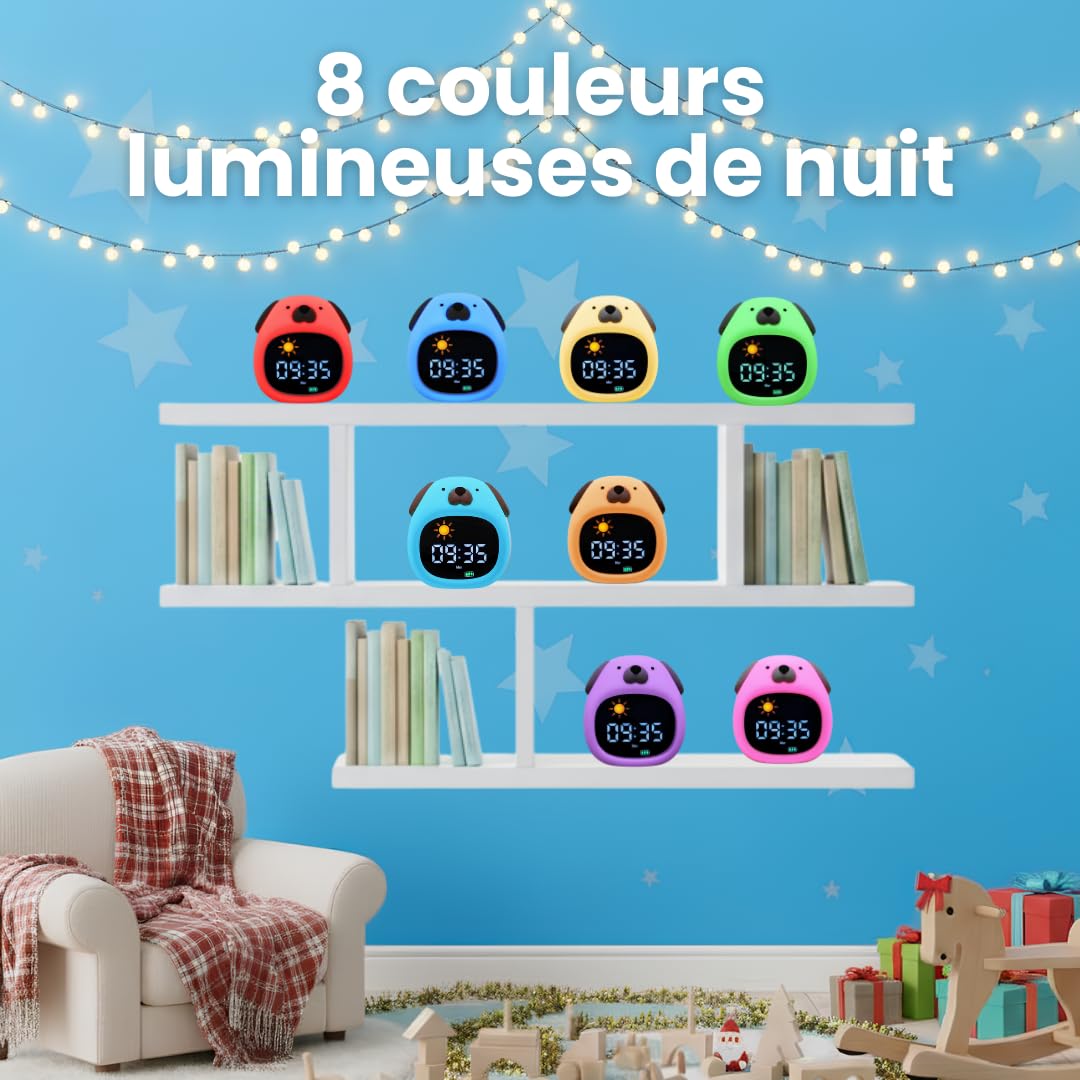 Lernwecker für Kinder, Tag / Nacht – Nachtlicht für Kinder, Musik und Licht, Lernuhr mit entspannender Musik – weißes Geräusch, Dekoration für Babyzimmer, Lichtwecker – 4 NIV Helligkeit (Hund)
